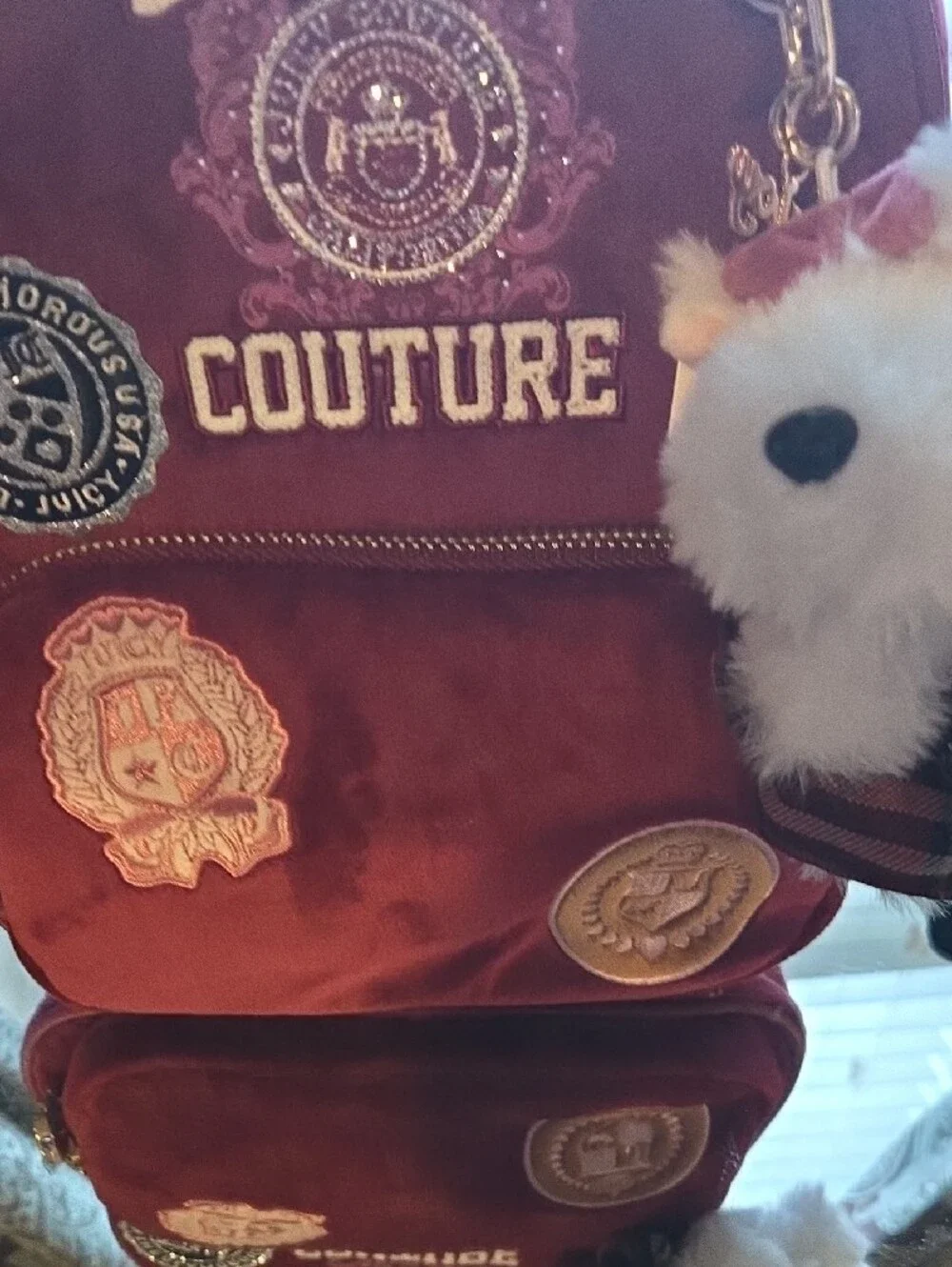 Juicy Couture Burgundy Velvet Backpack with Plush Keychain